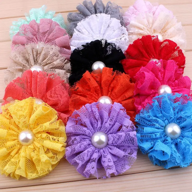 

120pcs/lot 7cm 15colors Hair Clips Frayed Mesh Lace Flowers With Pearl For Hair Accessories Shabby Fabric Flowers For Headbands