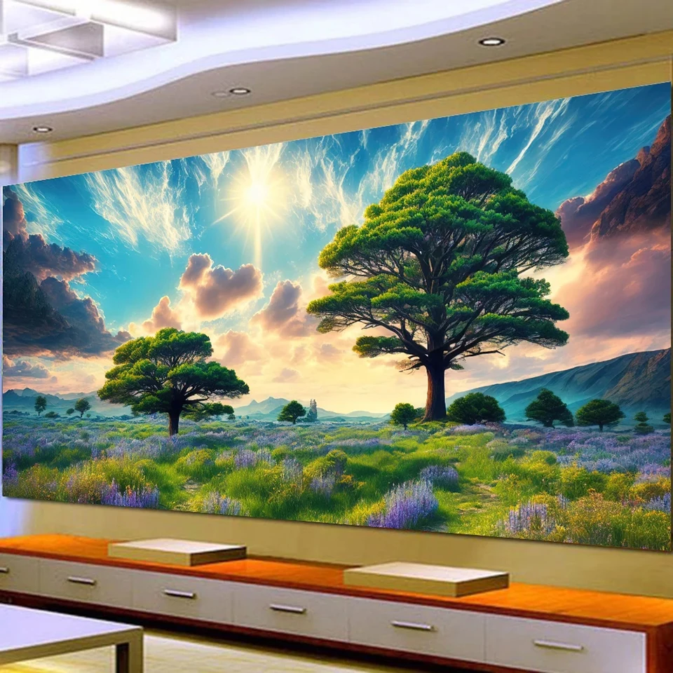 5D DIY Large Diamond Painting Cross Trees Field Sun Shining Landscape Wall Art, Full Round Drill, Embroidery Home Decor