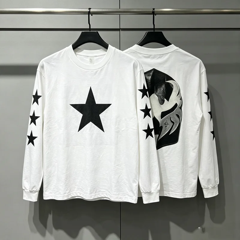 Long Sleeve Chest Five-pointed Star Print T Shirt Men Women Kanye West Bully LS-03 YE LIVE Tee Black Mask Print Tops T-shirt