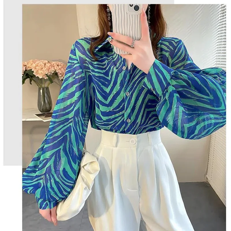 Fashion Elegant Women\'s Spring Summer Blouses Thin Printed Striped Button Turn-down Collar Loose Lantern Sleeve Chiffon Shirts