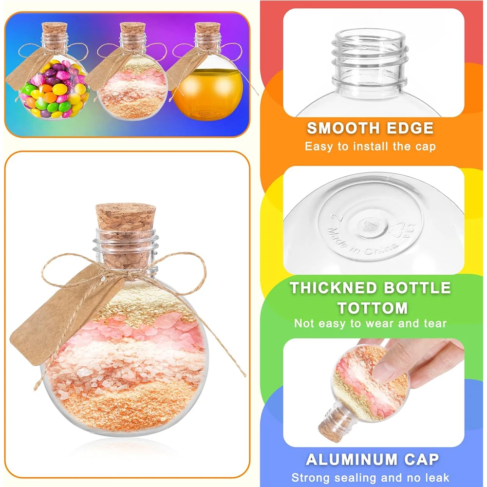 Spherical Plastic Potion Bottles Ball Shape Round Bottles 3.4 oz Sand Art Bottles with Corks and Tags Decorative Bottle Candy