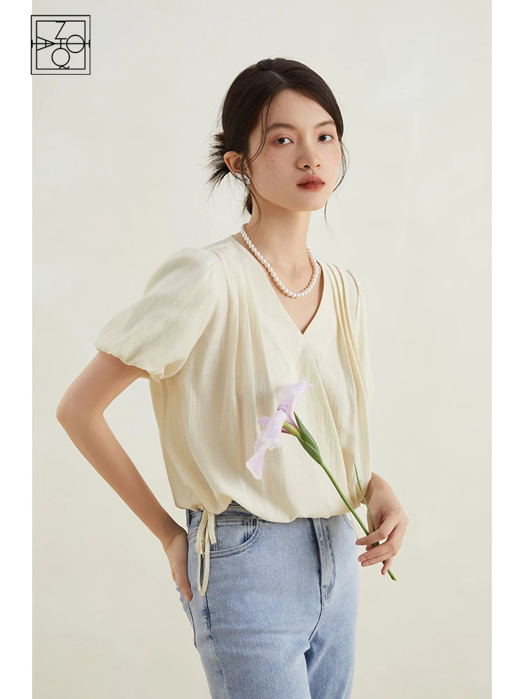 

ZIQIAO Elegant Apricot French Acetate V-neck Shirt for Women 2023 Summer Chic Sense Loose High-end Temperament Top Shirt Female