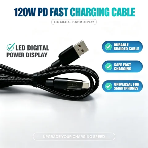 120W Super Fast Charging Cable Real-time Digital Display USB A to Type C Data Cable For iPhone For Android Phones Universal