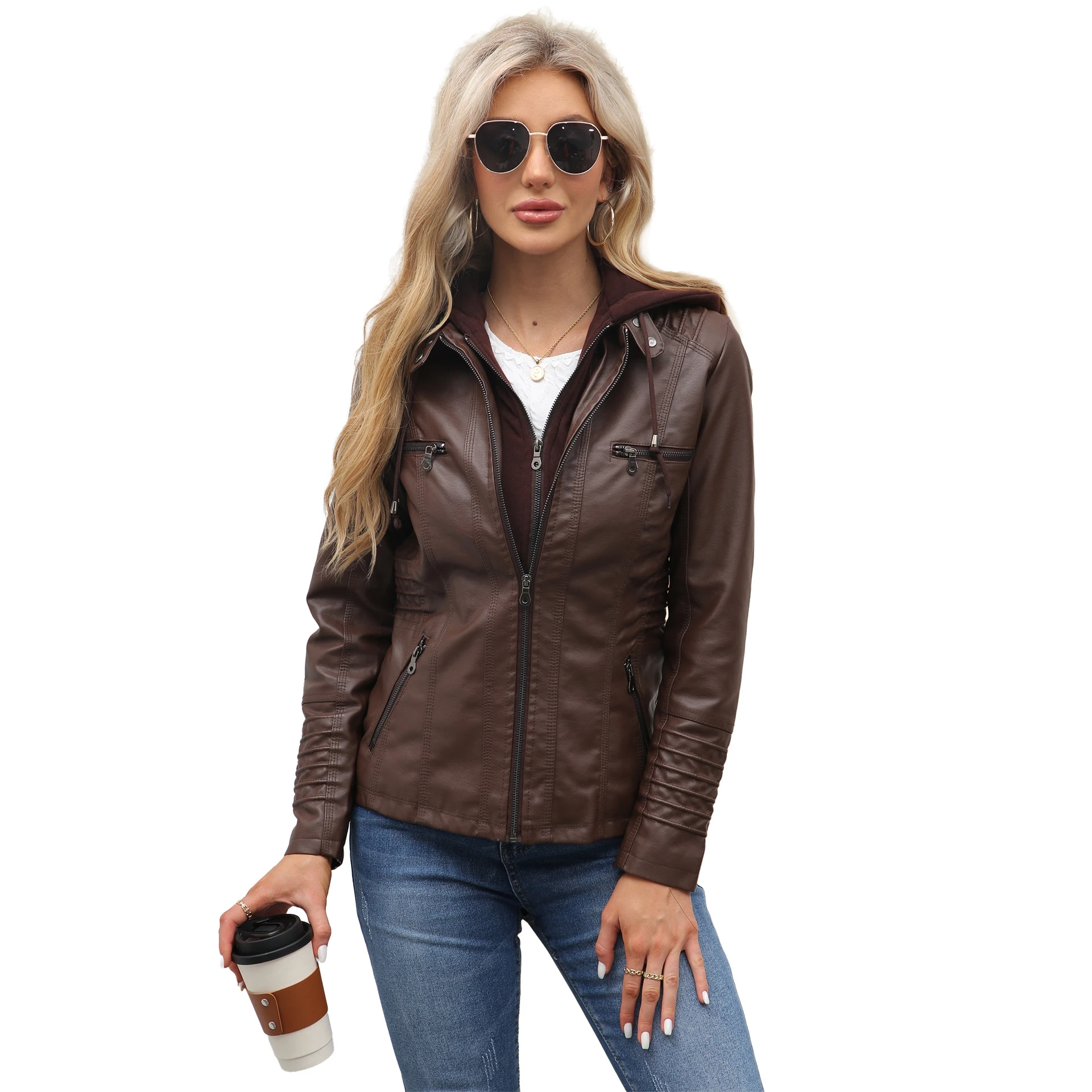 ربيع الخريف المرأة مقنعين Jaet معطف مجموعة انفصال حجم كبير بولي Leather الجلود Waed ملابس خارجية طويلة Sve سستة إغلاق