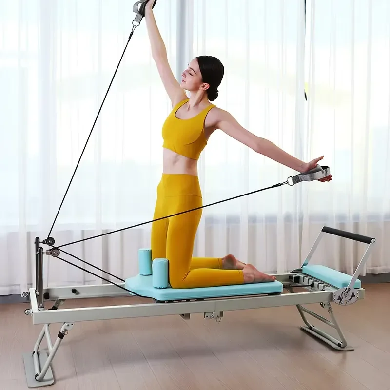 Foldable Pilates Reformer Machine with Iron Frame and Smooth Sliding Platform High Rebound Sponge Pad for Body Fitness Yoga