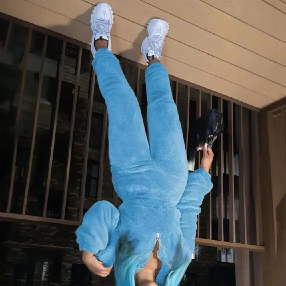 

Women Two-piece Set Solid Color Suit 2 Pcs Women’s Plush Pajama Set Long Sleeve Stand Collar Top Elastic Waist Thick Pants