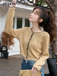 MISHOW Contrast Knitted Cardigan 2023 Autumn Korean Temperament Single Breasted O-Neck Light Khaki Tops Office Lady MXC41Z0098