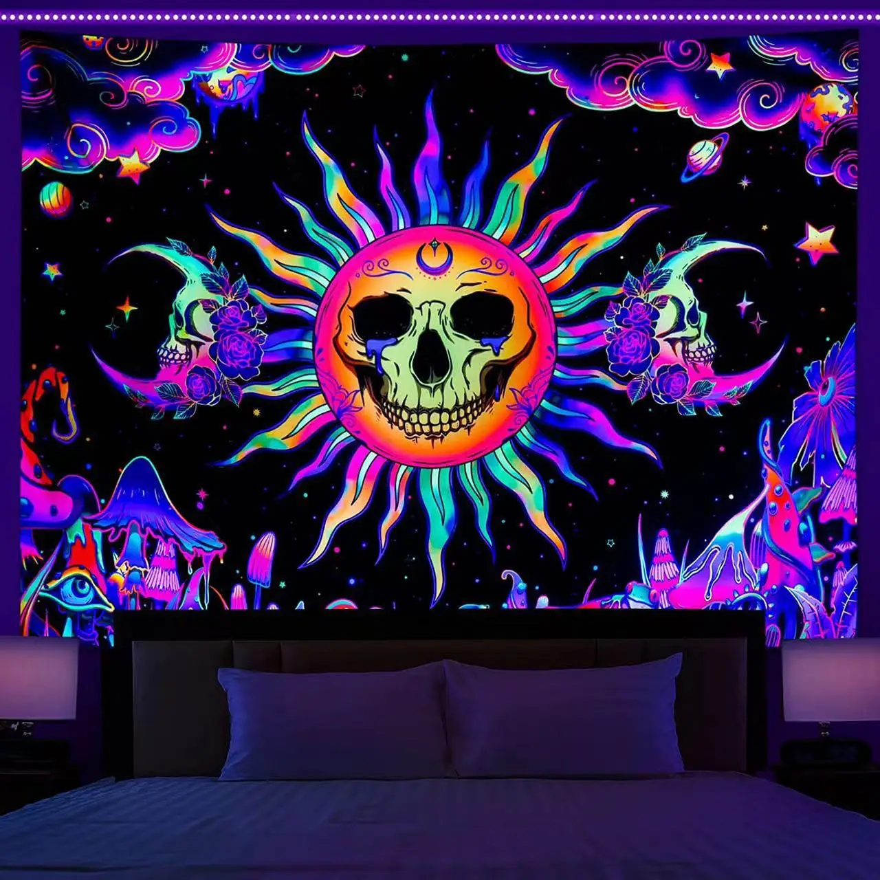 Large Blacklight Mushroom Tapestry UV Reactive Moon and Stars Tapestries Wall Hanging Aesthetic Tapestry Glow in The Dark