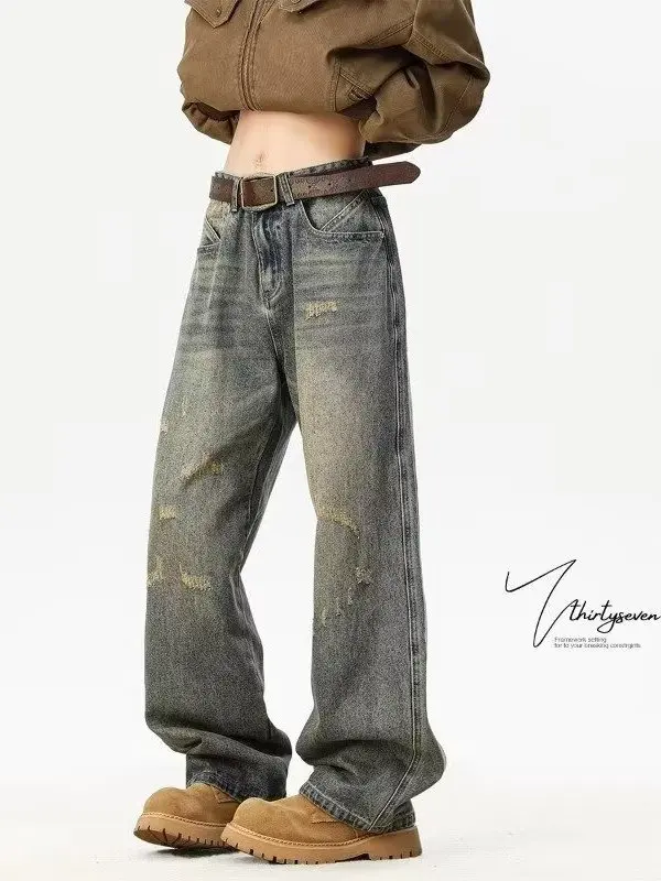 

American Sle Vintage Waed Men's Jeans Casual Loose Straight Leg Trousers Autumn Wear Comfortable Wear Resistant