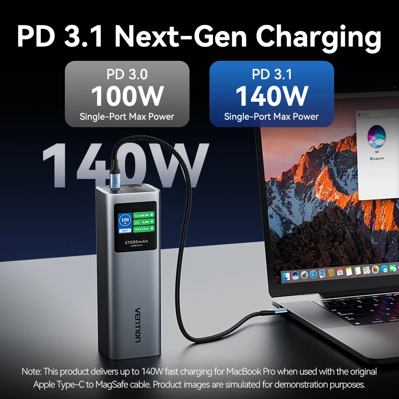 Vention RU 27000mAh 파워 뱅크 휴대용 140W PD 3.1 외장 배터리 파워뱅크 아이패드 노트북 맥북 프로 고속 충전용