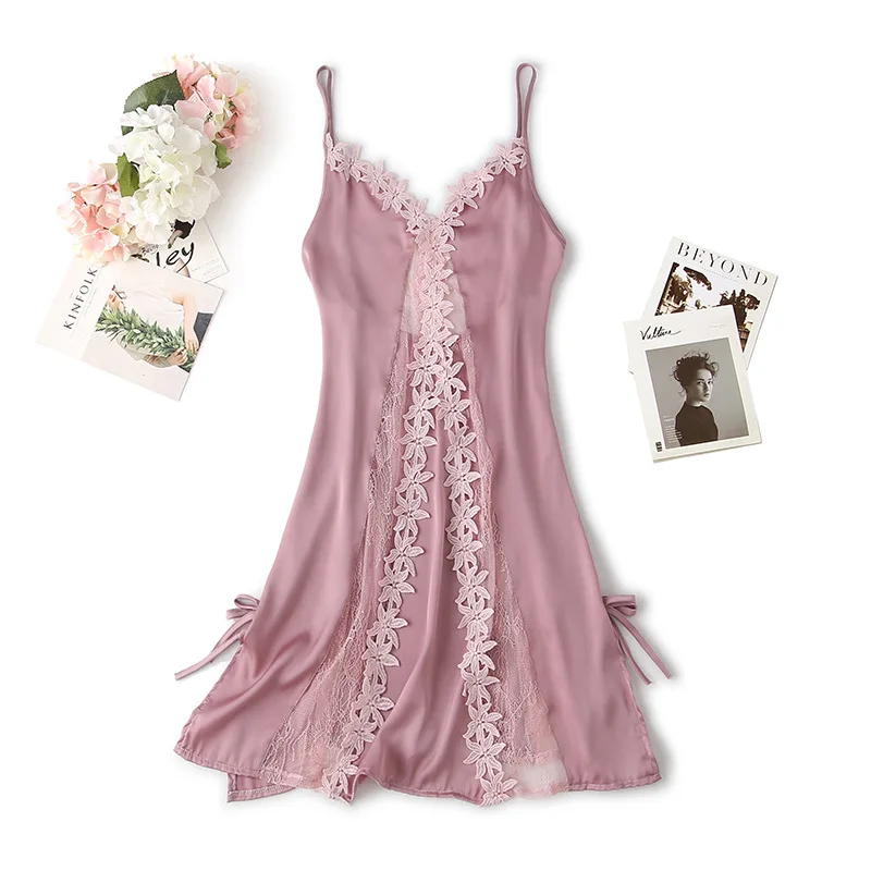 

Appliques Sexy Nightgown Satin Women Lace Sleep Dress Loose Hollow Out Nightdress Sleepwear V-Neck Rayon Home Dressing Gown