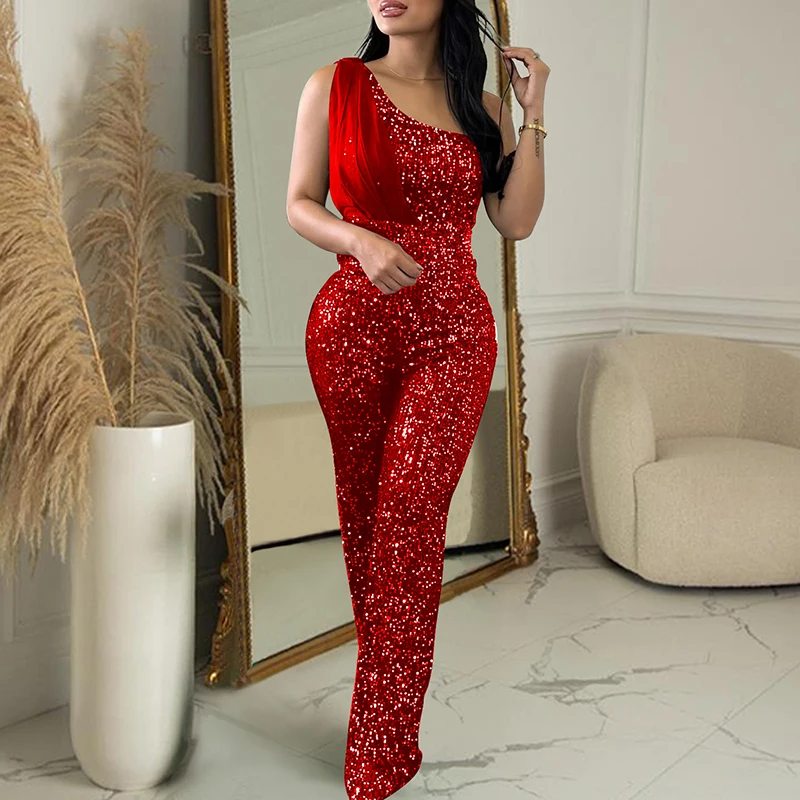 

Fashion Asymmetrical Slim Long Pants Romper New 2024 Shiny Sequin Sleeveless Party Jumpsuit Lady Casual Backless Waist Playsuit