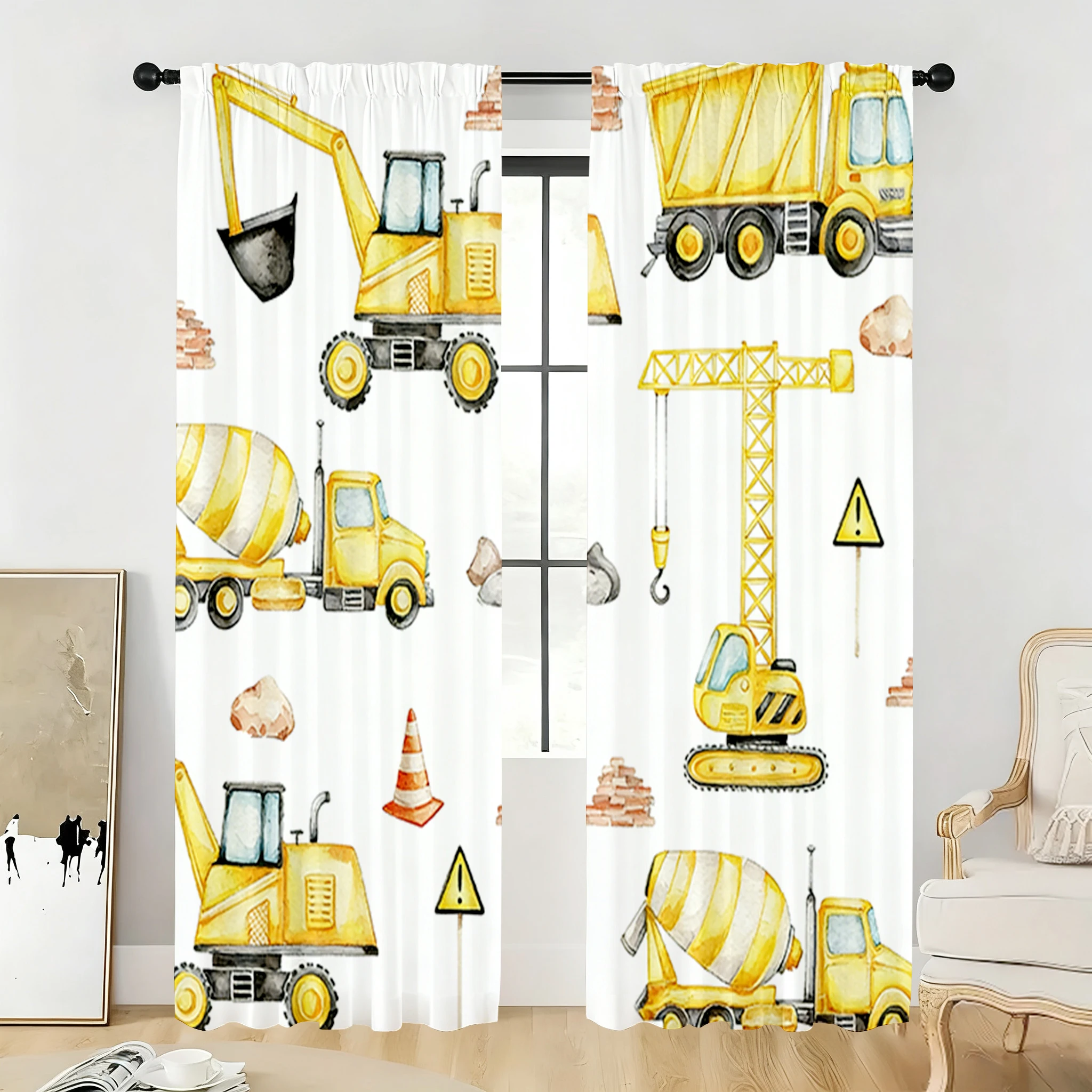 2PC Yellow Construction Vehicle Kids Sheer Curtains Playful Construction-Themed Print Window Drapes for Kids' Room Bedroom Decor