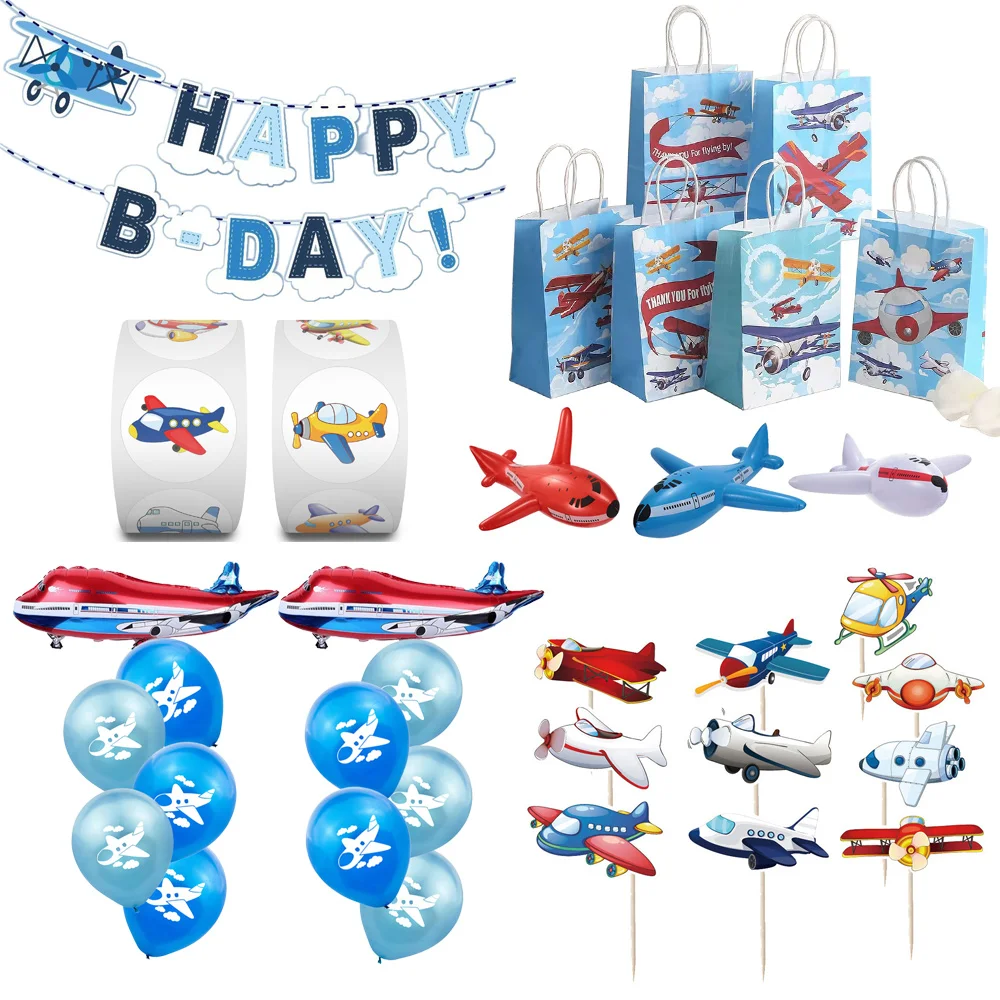 Samolot Dekoracje urodzinowe Samolot Party Favor Torby Happy Birthday Banner Cake Topper Balony Dostawy