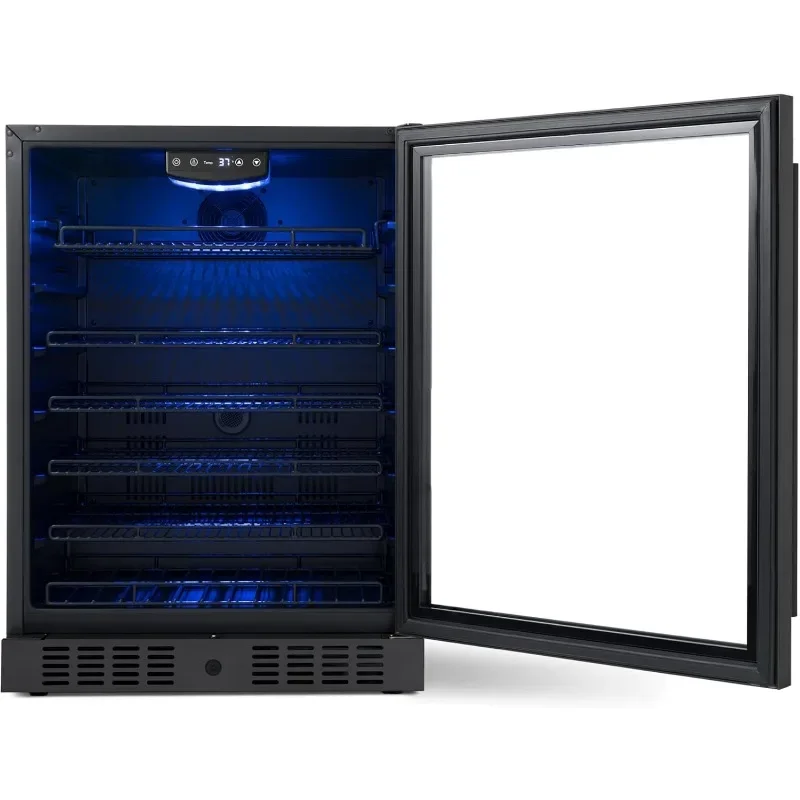 ثلاجة مشروبات مدمجة مقاس 24 بوصة، مبرد صغير بسعة 177 علبة لغرفة النوم - ثلاجة مشروبات من الفولاذ المقاوم للصدأ باللون الأسود