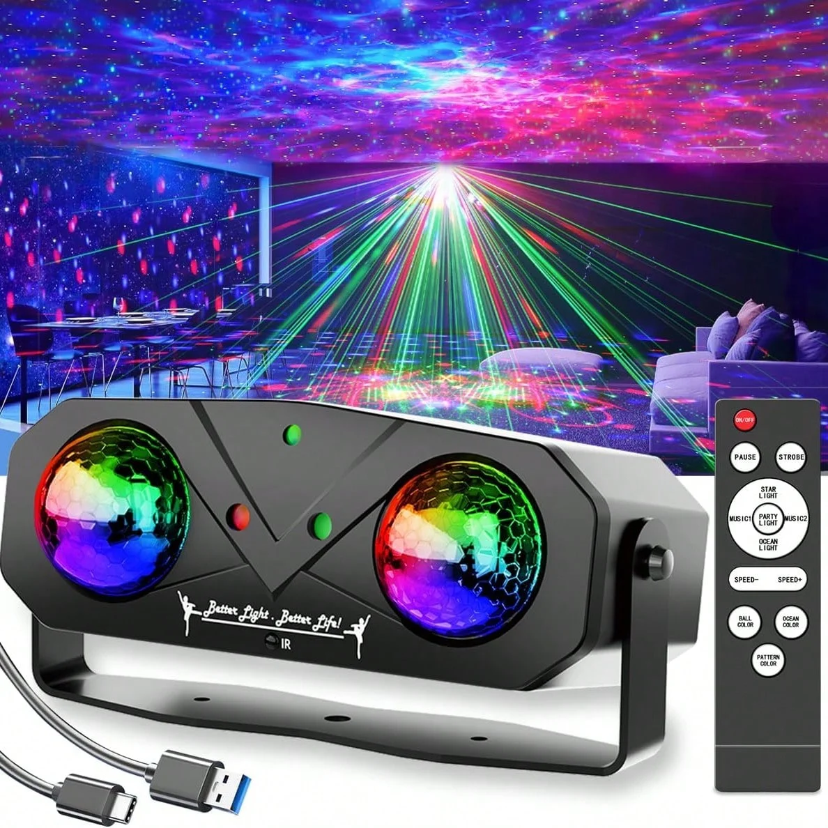 5 in 1 USB Powered Party Projector Light, Sound Activated Disco Ball Strobe Light with Remote, Ocean Wave Star Projection Stage Lamp for Club Birthday Christmas Halloween Outdoor Party Decor
