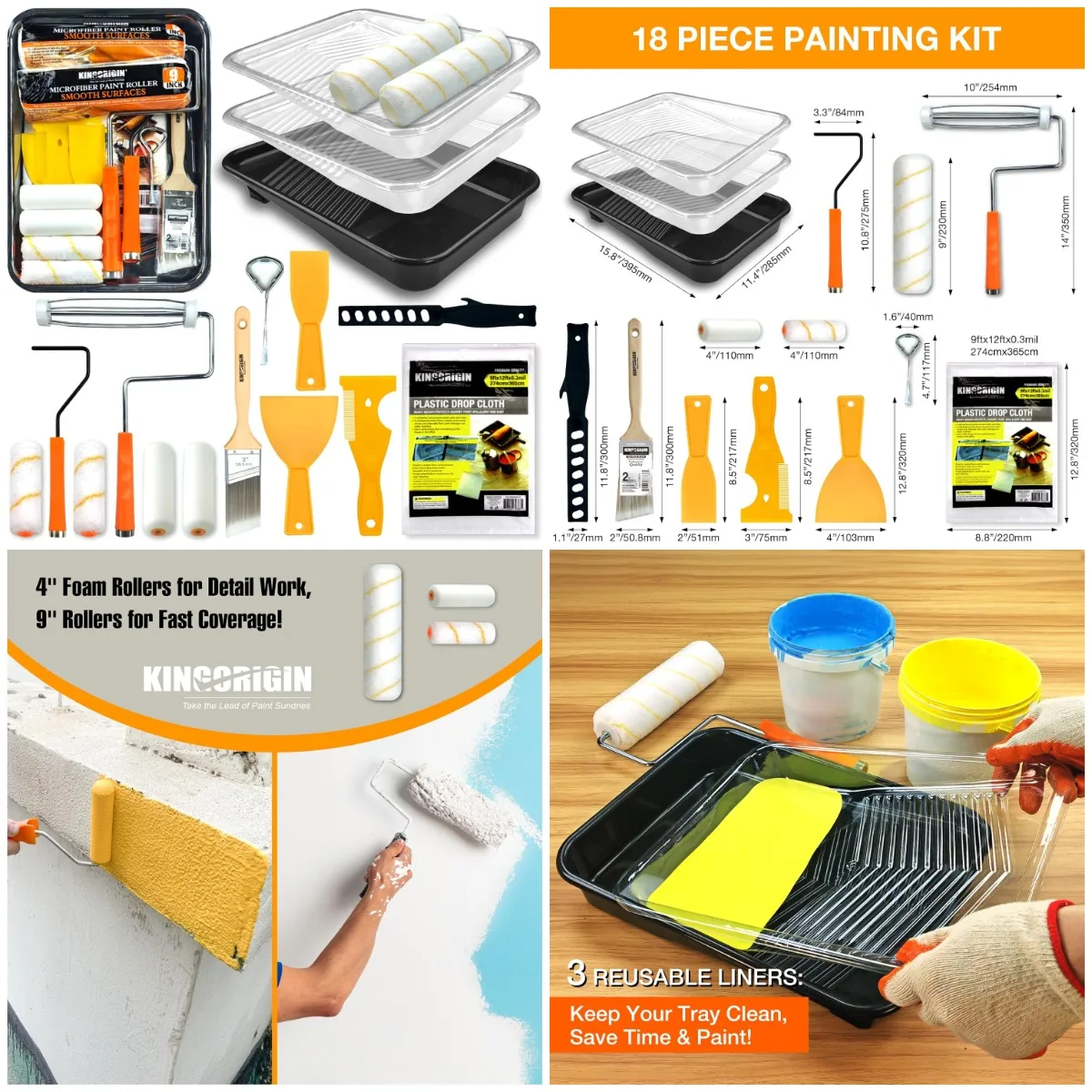 

18-Piece Paint Roller Kit: 9' & 4' Rollers, Tray with Liners, Brush, Scrapers – All-in-One for Walls & Ceilings