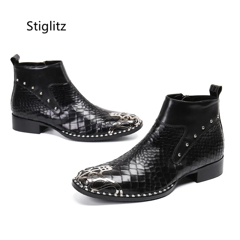 Metal Decor Black Leather Boots for Men Trendy Round Head Men's Short Boots Zip Office Dress Ankle Boots Big Size 47 Male Shoes