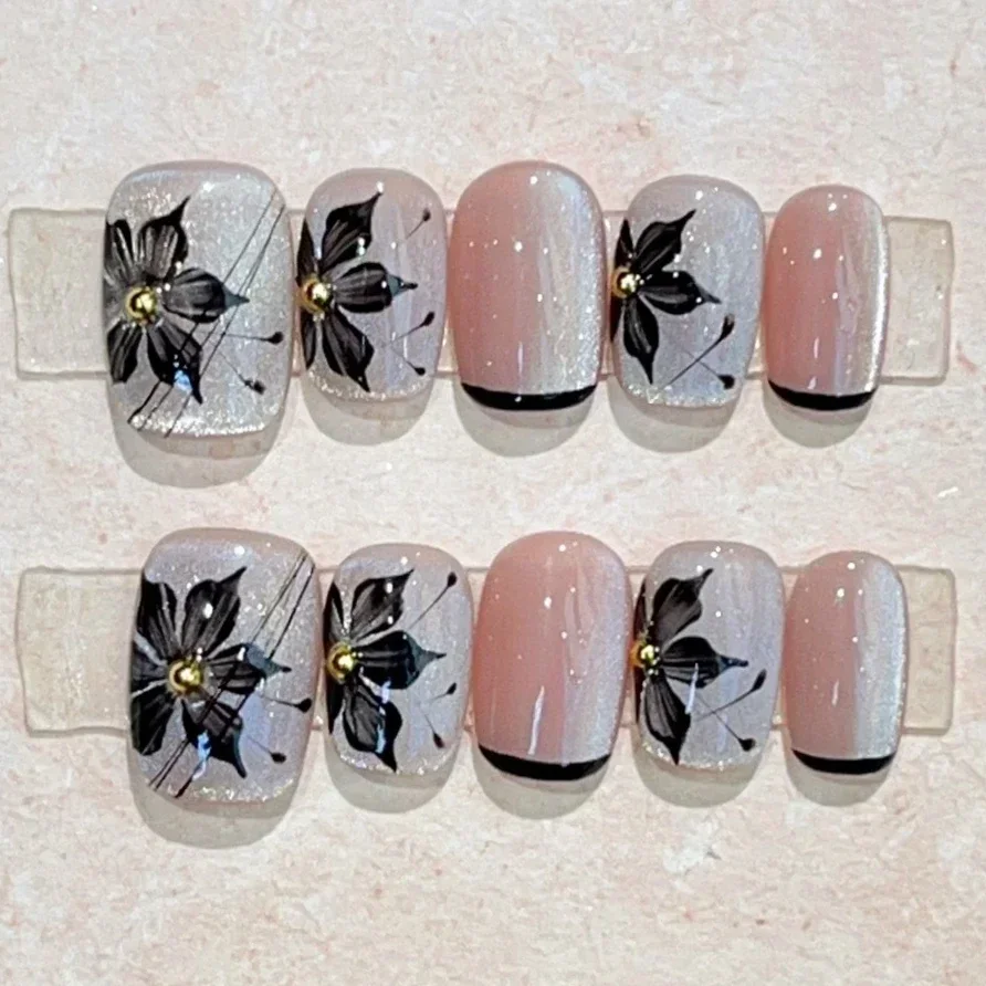 10Pcs Autumn Handmade Press on Nails Full Cover Flowers Cat Eye Design Amber French Short Ballet Fake Nails Wearable Manicure