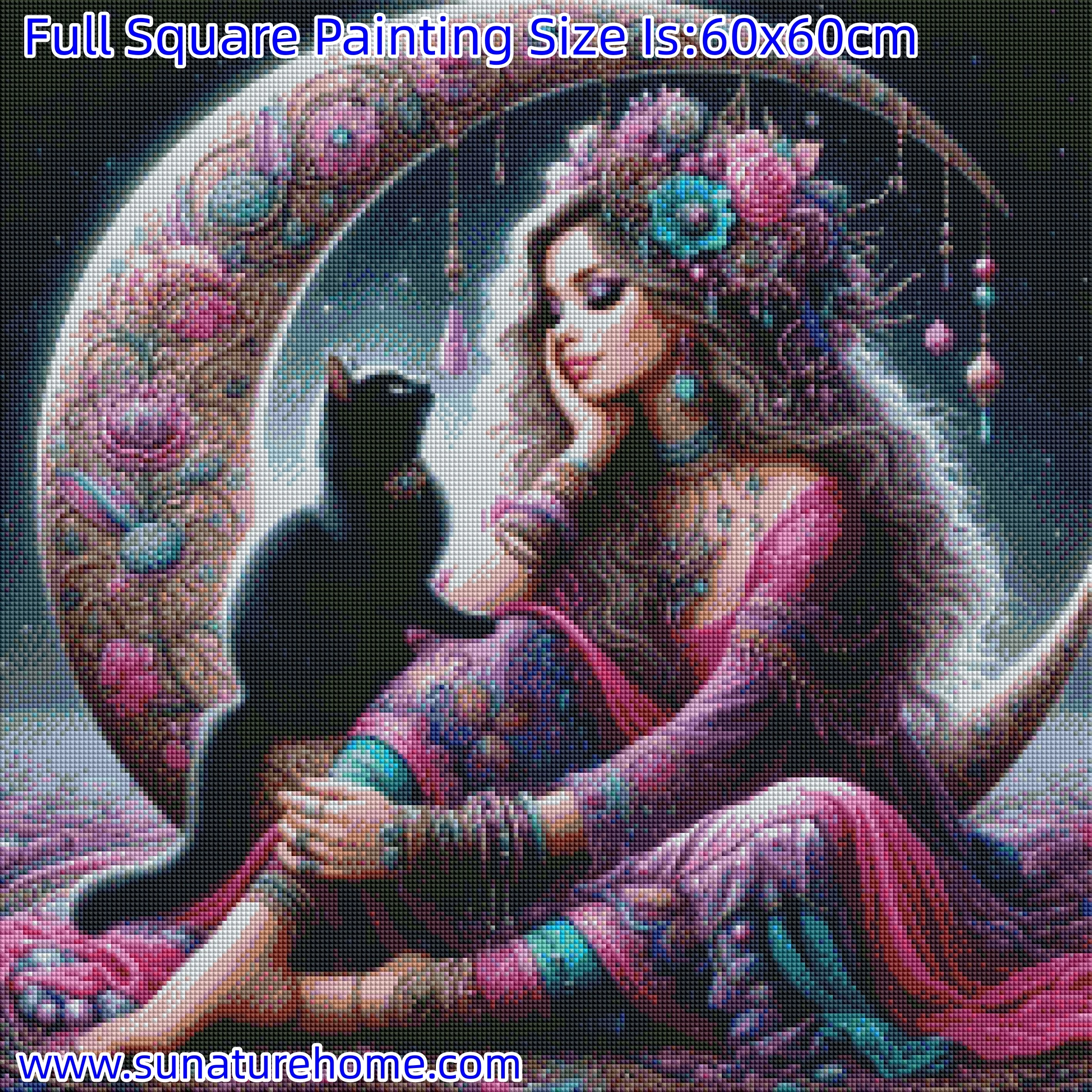 Sunature AB Diamond Painting Art Full Square Round Drills Cat Moon Girl Diamond Painting Kits (5-10 AB Colors)