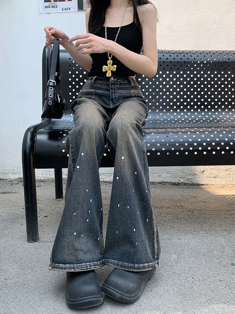 

American style design splashed ink slim fit jeans women's summer 2025 new style vintage high waist slimming bell bottom pants