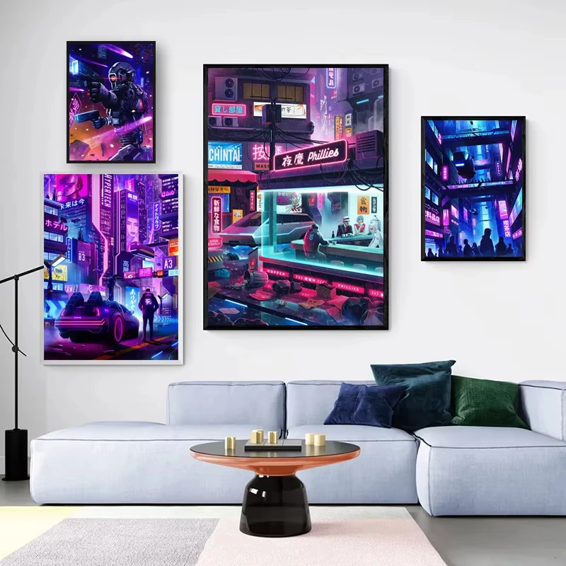 Future Cyberpunk City Poster Punk Style Night City Street Scenery Canvas Painting Wall  Picture for Living Room Decor Cuadro