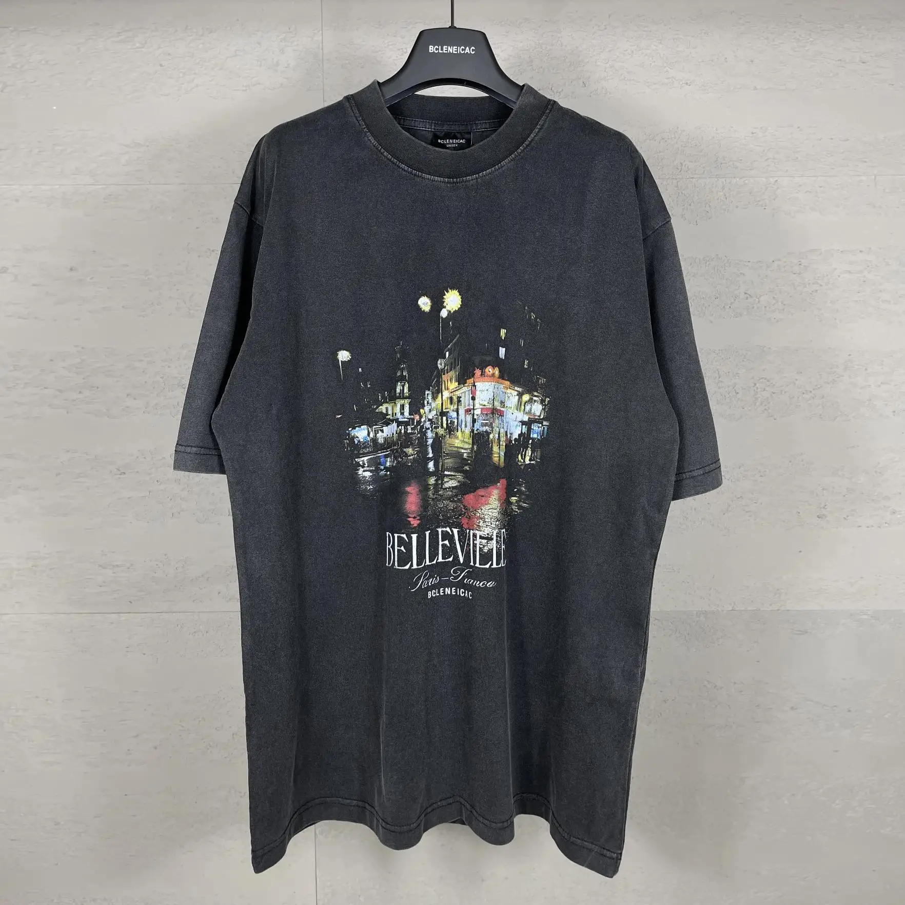 

BCLENEICAC Модная футболка с коротким рукавом и принтом ночного пейзажа, из чистого хлопка, с эффектом потертости, дышащая, свободного кроя, молодежная, летняя, модная.