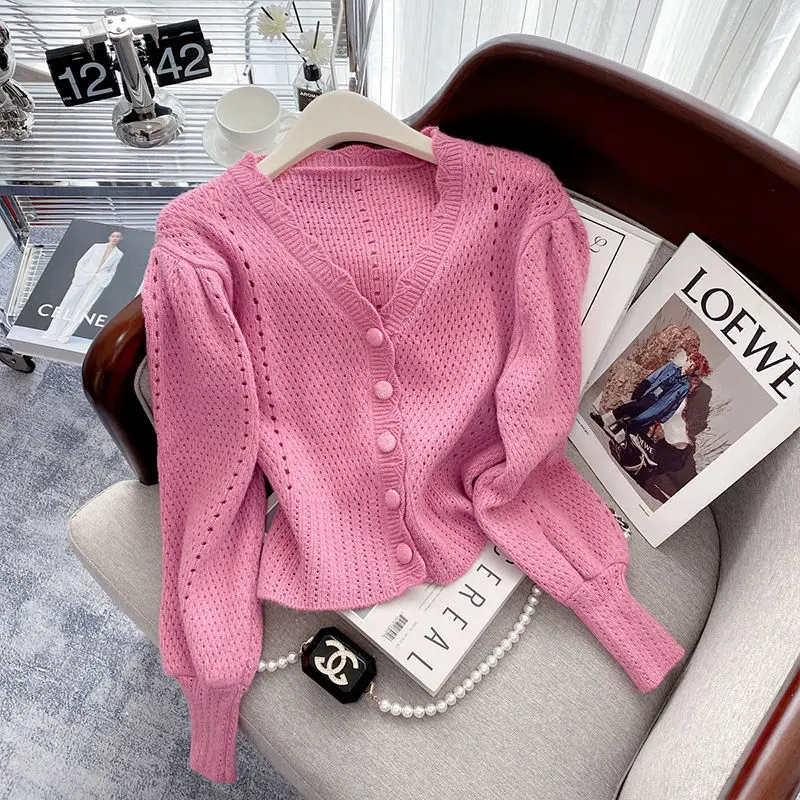 Women Trendy Hollow Kawaii Chic Outewear Single Breasted Knitted Cardigan Y2K Female Casual Sweet Solid Long Sleeve Sweater Coat