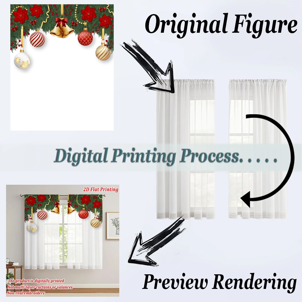ستارة شفافة للمطبخ بطباعة مسطحة لعيد الميلاد مع كرة عيد الميلاد، جرس البونسيتة، فرع الصنوبر لحفلات ديكور المنزل في عيد الميلاد #5