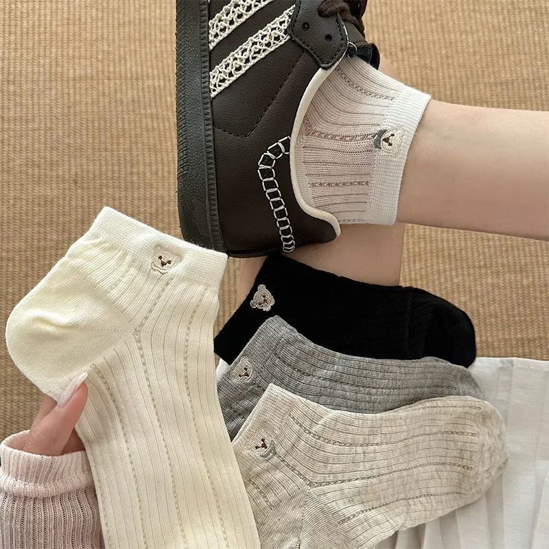 3Pair/Set Cute Women's Bear Embroidery Ankle Socks,Summer Breathable Thin Cotton Low Cut Socks for Sneakers,Office,School
