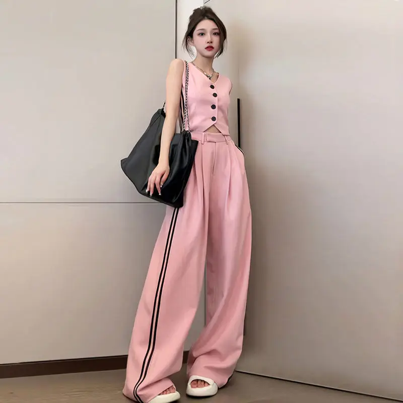 

New Summer High-end Designed Loose Fashionable Casual Sports Style Sleeveless Vest Top and Wide-leg Pants Two Piece Set Women
