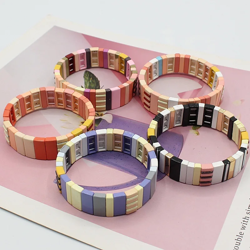 

Macron color scheme oil spray paint enamel irregular rectangular stretch women's bracelets. Holiday gifts