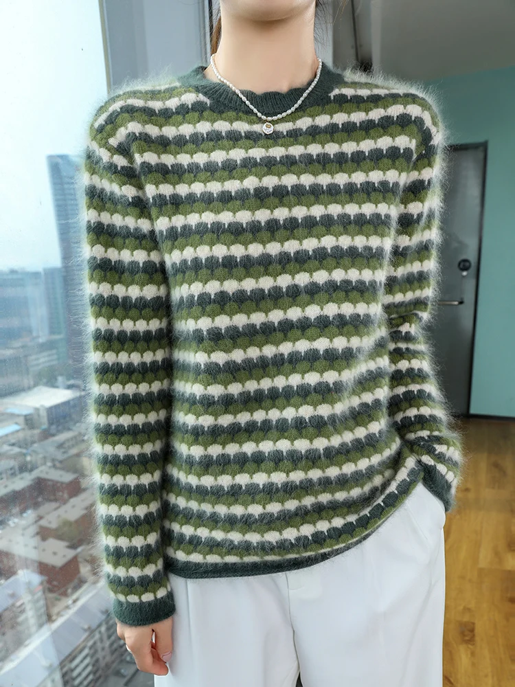 

TLOML женский свитер из 100% норки и кашемира, полосатый пуловер с круглым вырезом и длинными рукавами, повседневные осенне-зимние мягкие теплые норковые кашемировые топы