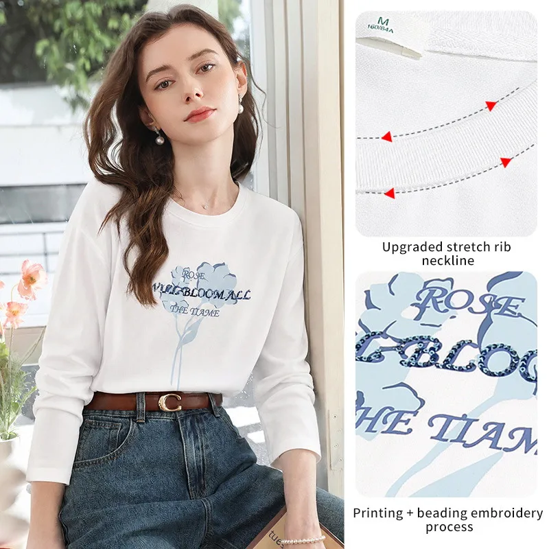 I BELIEVE YOU White Fresh Sequin Floral Print Long Sleeve T‑Shirt for Women 2026 Autumn Cotton Tee Casual Basic Tops 2263016548