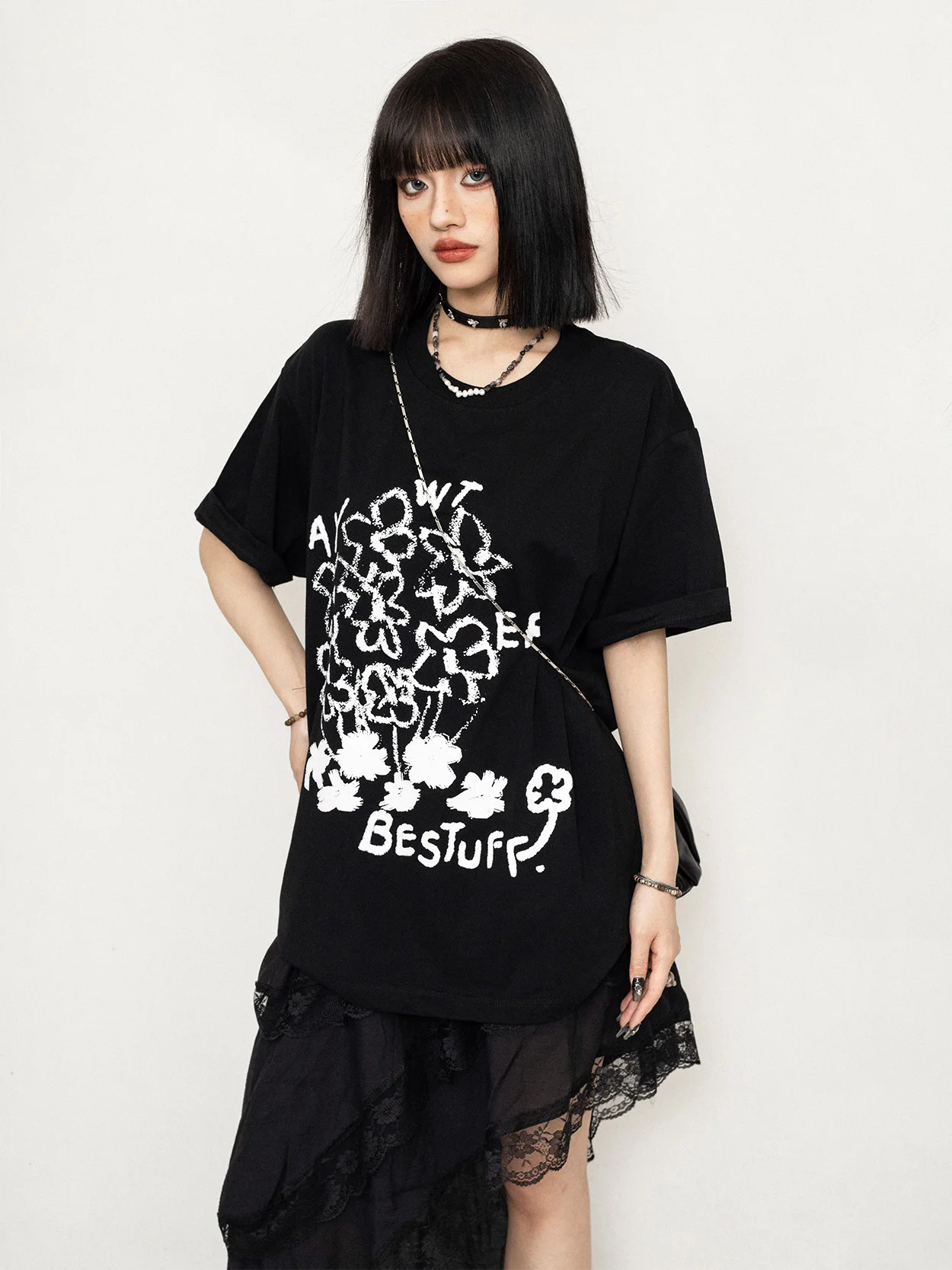 

Summer Casual Loose ort Sve round Ne T-irt Women's Floral Print Cool Sle Cotton Top Bla Color Versatile Faion