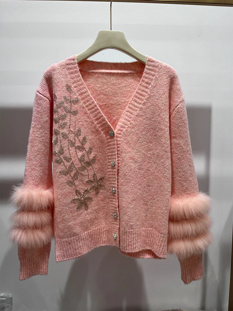 2025年 レディース ニット セーター 本物のキツネの毛皮付き ルーズ 長袖 暖かい Vネック カーディガン ジャケット 女性用 アウター