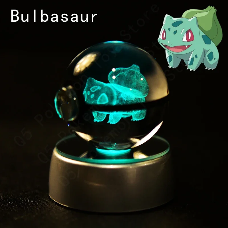 3D Pokemon Kristallkugel 5CM Mewtwo Pikachu Gengar Kristallglas Pokemon Ball Pokeball Figur Nachtlicht LED-Lampe mit Basis Geschenk