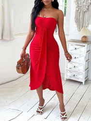 Eyelet Embroidery Bandeau Ruched Slit Casual Dress