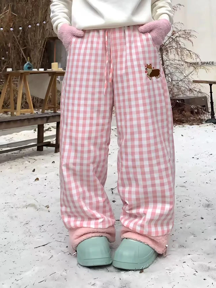 Winter Fleece Wide Leg Plaid Pants for Women Korean Cute Puppy Embroidery Loose Casual Pants Thick Warm Preppy Straight Trousers