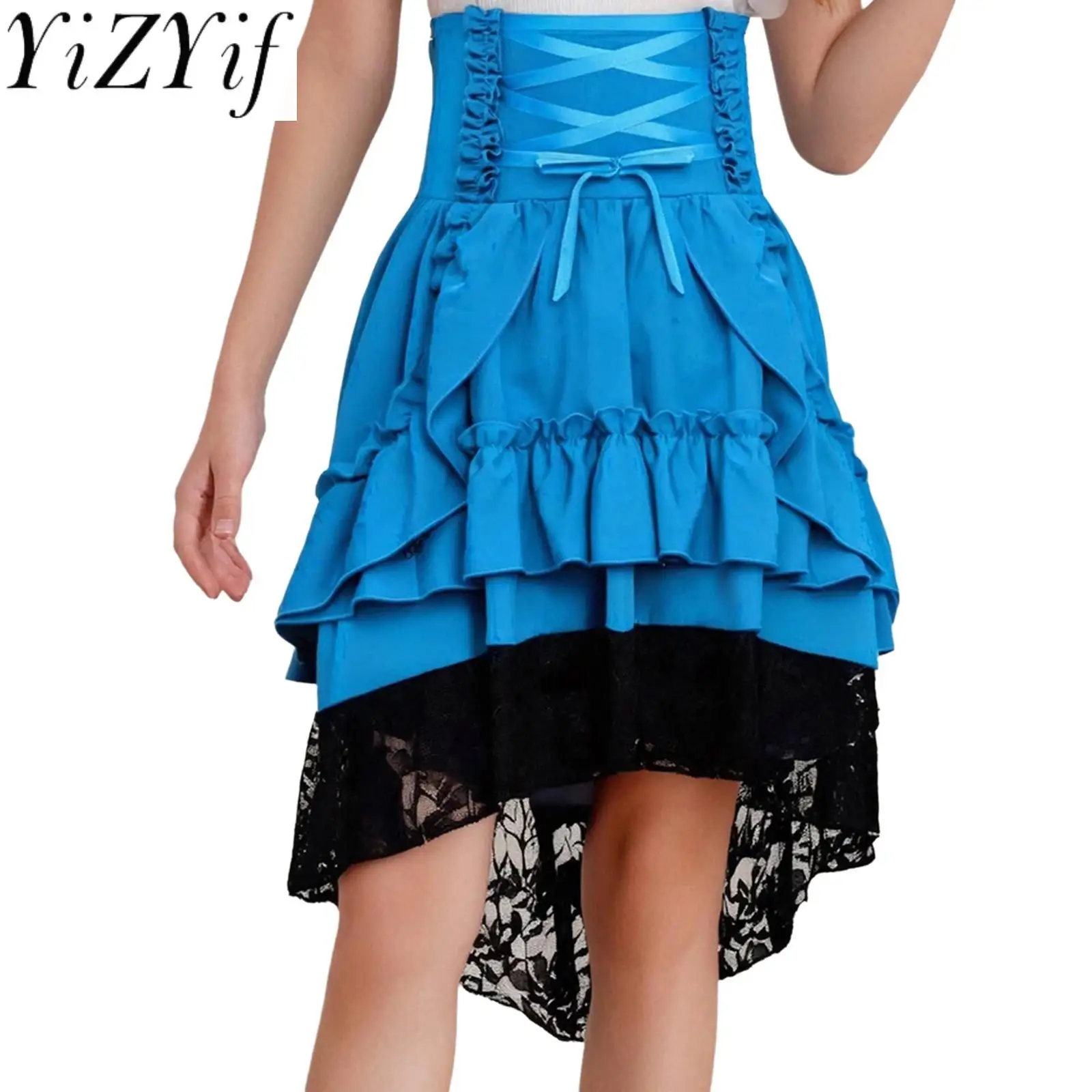 

Medieval Renaissance Costume Vintage Victorian Layered Skirt High Waist Lace Up Tiered Ruffle Skirt Halloween Costume