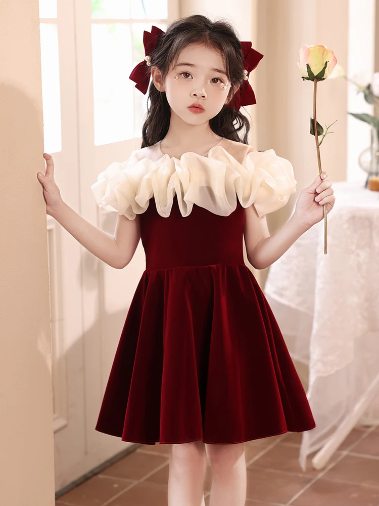 

A-line round neck high end velvet burgundy girl dress flower girl dress bridesmaid dress wedding dress/ Custom Made