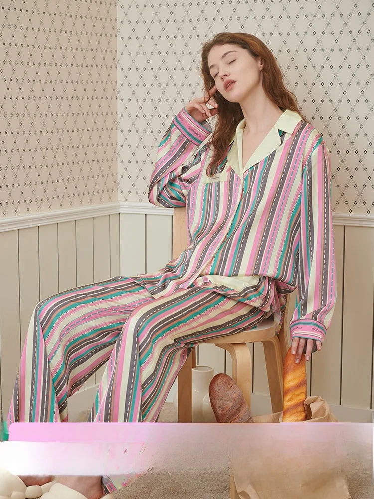 Romantic Striped Ice Silk Sleepwear Set for Women Summer Home Clothes Vintage Print Loose Fit Short Sleeve Sweet Style