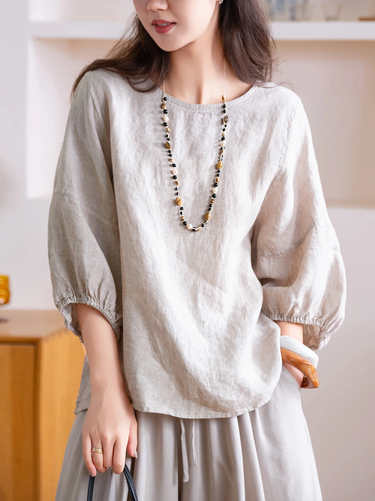 Slimming Effect Light Weight Linen Lantern Sleeve Top Inner  Stitching Casual Loose Fit round Neck Seven Quarter Sleeve