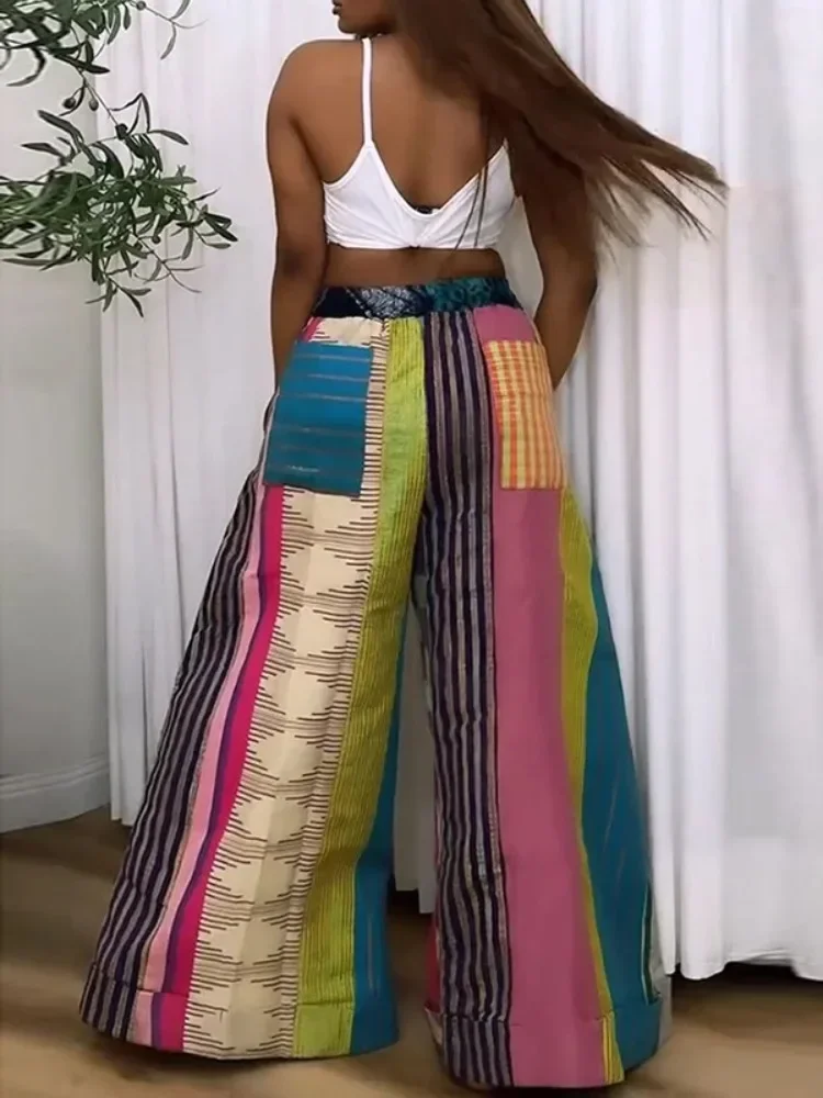 Yeezzi Female Stylish Contrast Color Drawstring Pants Loose Wide Leg High Waisted Urban Casual Trousers Bottoms For Women