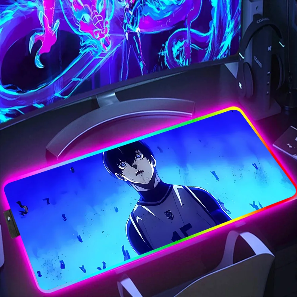Blue Lock Anime RGB Pc Gamer Keyboard Mouse Pad Mousepad LED Glowing Mouse Mats Rubber Gaming Computer Mausepad