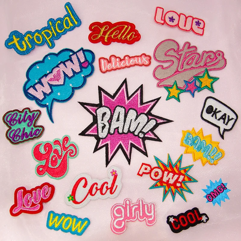 Popular WOW OOPS POW HEY Oh Yeah COOL BAM Transfer Iron on Patches for Clothing Embroidered Badge Sewing Applique DIY Stickers