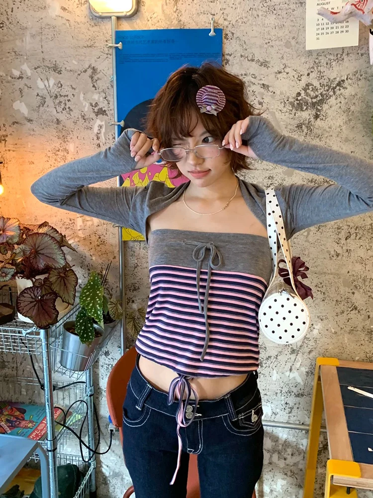 Genayooa Y2k Giapponese Due Pezzi Magliette e camicette Delle Donne Autunno A Righe Camis + Maglia Grembiule Streetwear Vintage Crop Magliette Fairycore Magliette