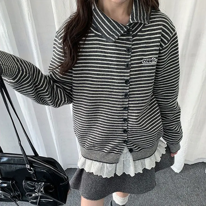 Women Striped Lapel Knit Cardigan Button Long Sleeve Jacket Autumn Winter Fashion Letter Embroidery Casual Loose Sweaters Coat