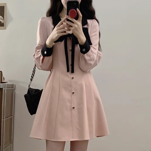 ربيع الخريف كبير الحجم دمية طوق الفرنسية الوردي القوس فساتين اليابانية عالية الخصر ألف خط طويلة الأكمام الحد من العمر الفتيات اللباس #3