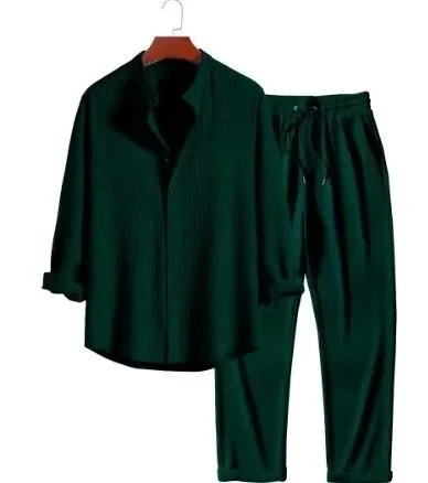 Due pezzi camicie monopetto set da uomo camicette tinta unita con coulisse pantaloni dritti alla caviglia tasche larghe sportive casual